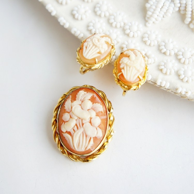 jewelry意大利贝雕花朵注金12k金胸针胸针耳夹套装胸针