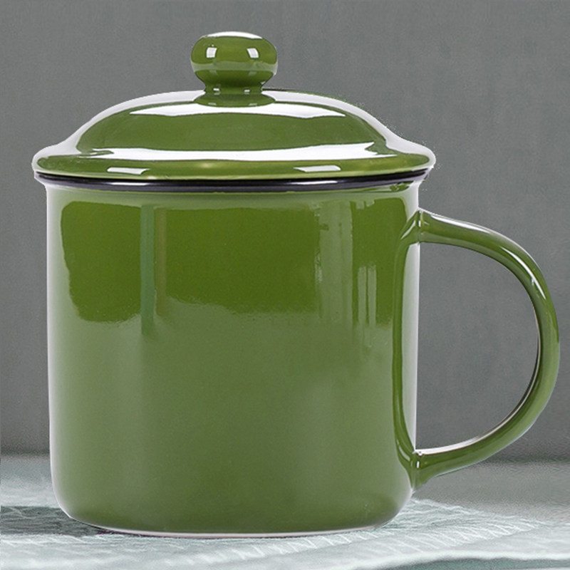 创意迷彩陶瓷杯带盖军绿色茶杯老式复古搪瓷杯缸子马克杯定制刻字