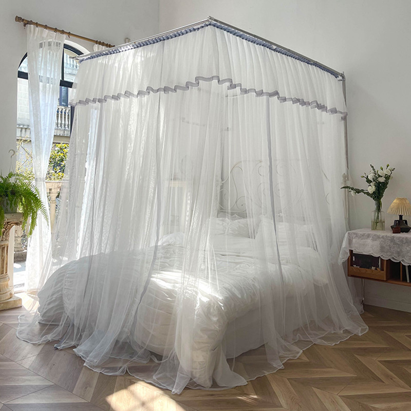 白色伸缩蚊帐三开门支架家用卧室公主风床加密蚊帐