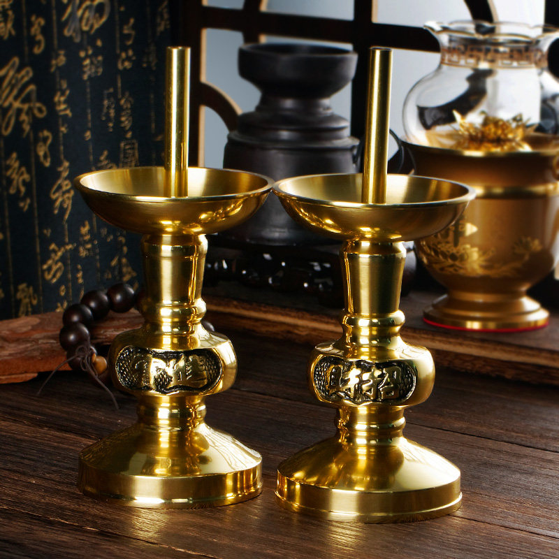 铜烛台家用供佛财神爷香烛台纯铜一对供奉招财进宝蜡烛台佛堂摆件
