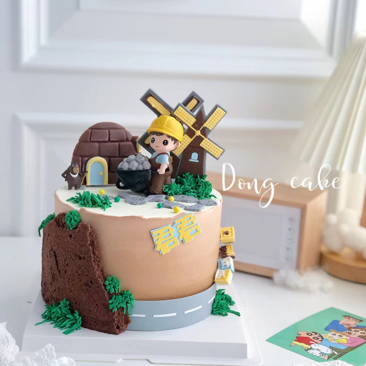 工程师推车蛋糕装饰摆件男孩铲车建筑矿工工地节日装扮用品