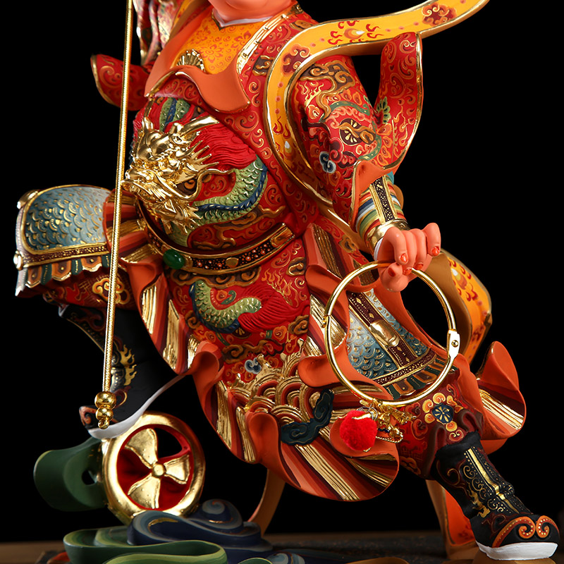 台湾手工彩绘香樟木雕三太太子哪吒神像护法摆件