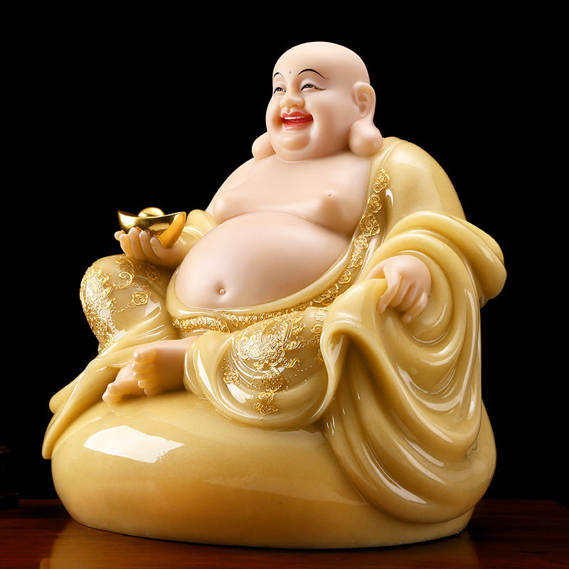 宝成成佛石雕汉白玉黄玉镶金大肚弥勒佛像供奉摆件