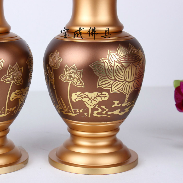 宝成佛具台湾宝华佛具纯铜供佛花瓶佛字莲花佛前净水瓶古沉色