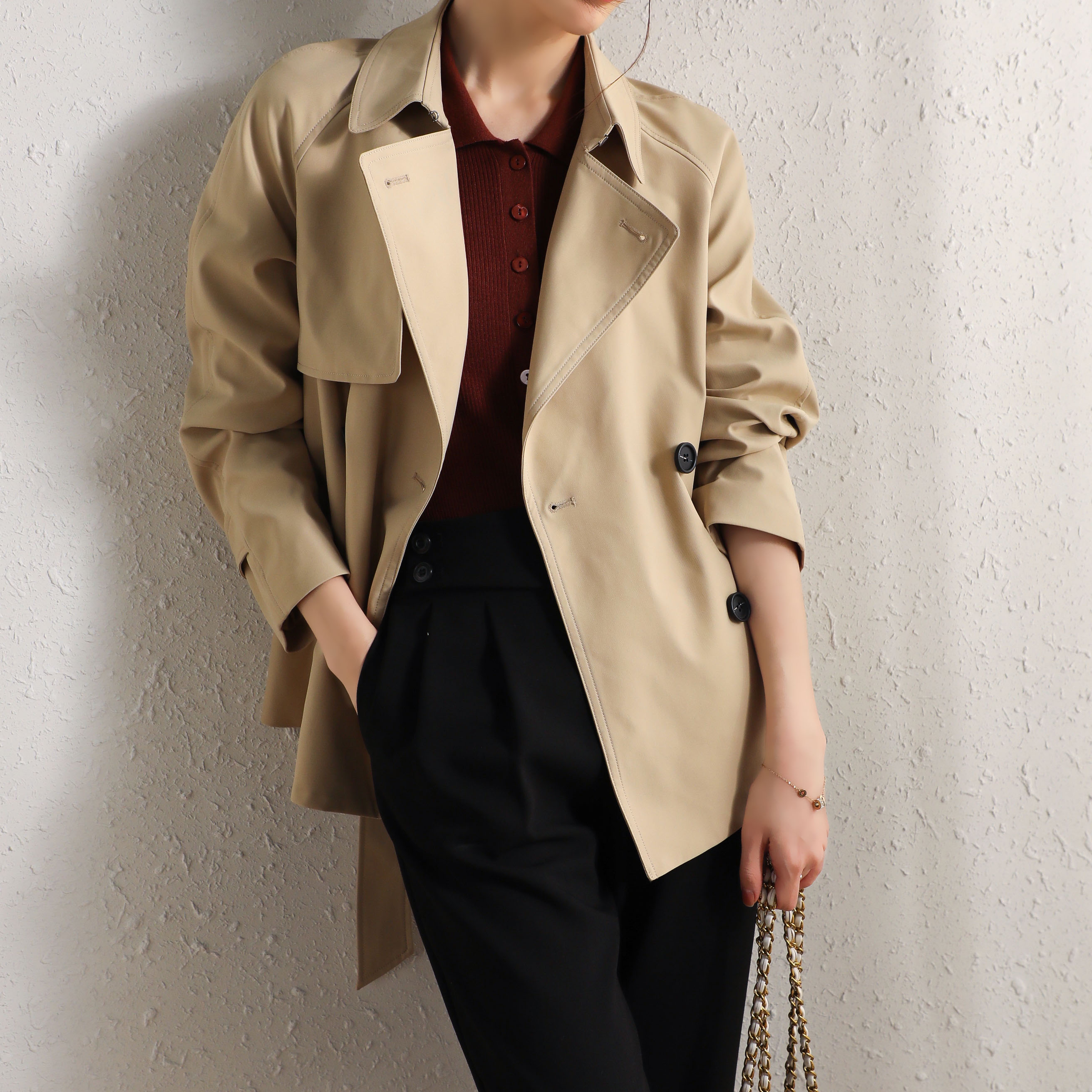 风衣joey2021春季女装新款小个子短款系带外套风衣