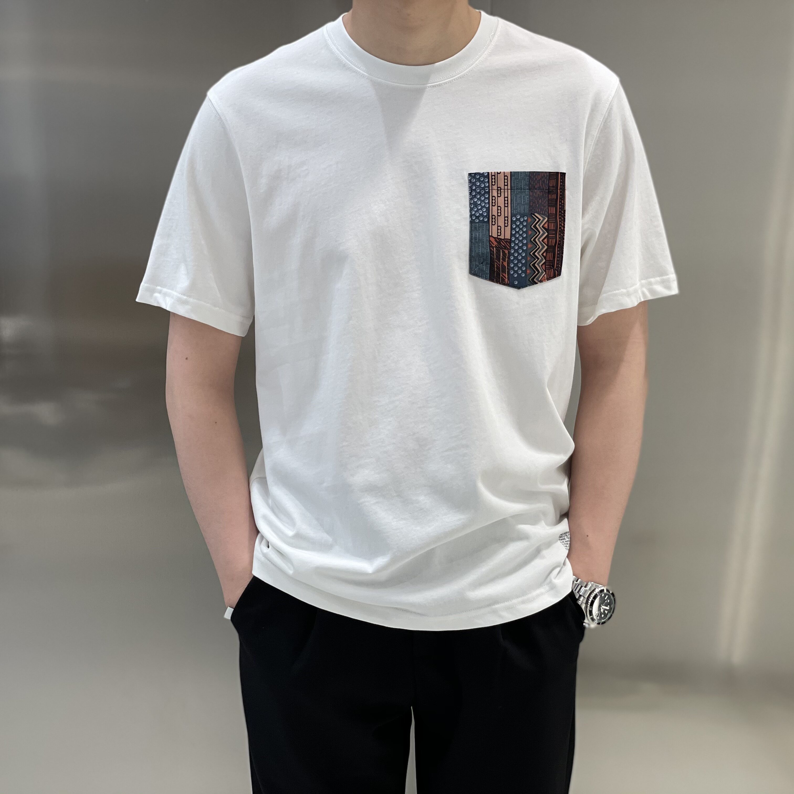 棉毛休闲短袖圆领毛布印花男装水洗口袋新款t恤