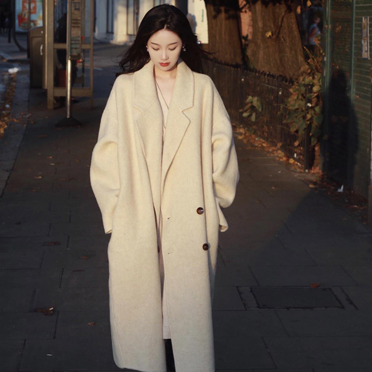 米白色双面呢羊绒大衣女秋冬2022新款高级感冬装韩版宽松毛呢外套