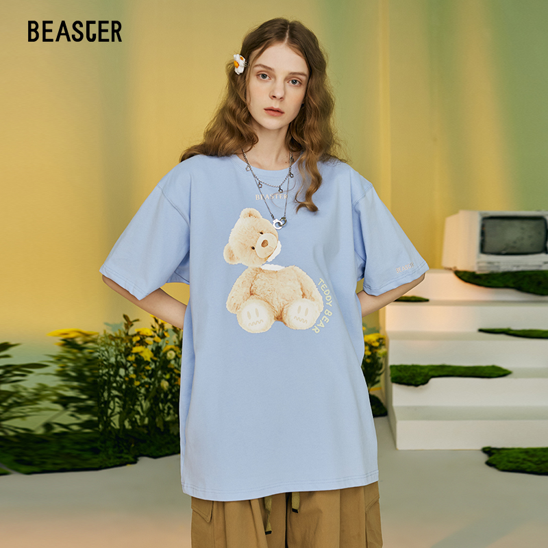 Beaster小恶魔鬼脸针织短袖男女同款小熊印花情侣潮流T恤夏季新款