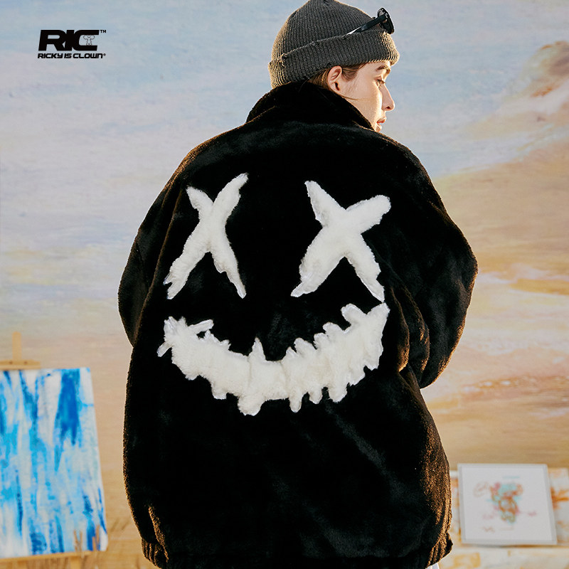 rickyisclownric小丑撕裂笑脸毛大衣大衣棉服潮牌冬季加厚棉衣