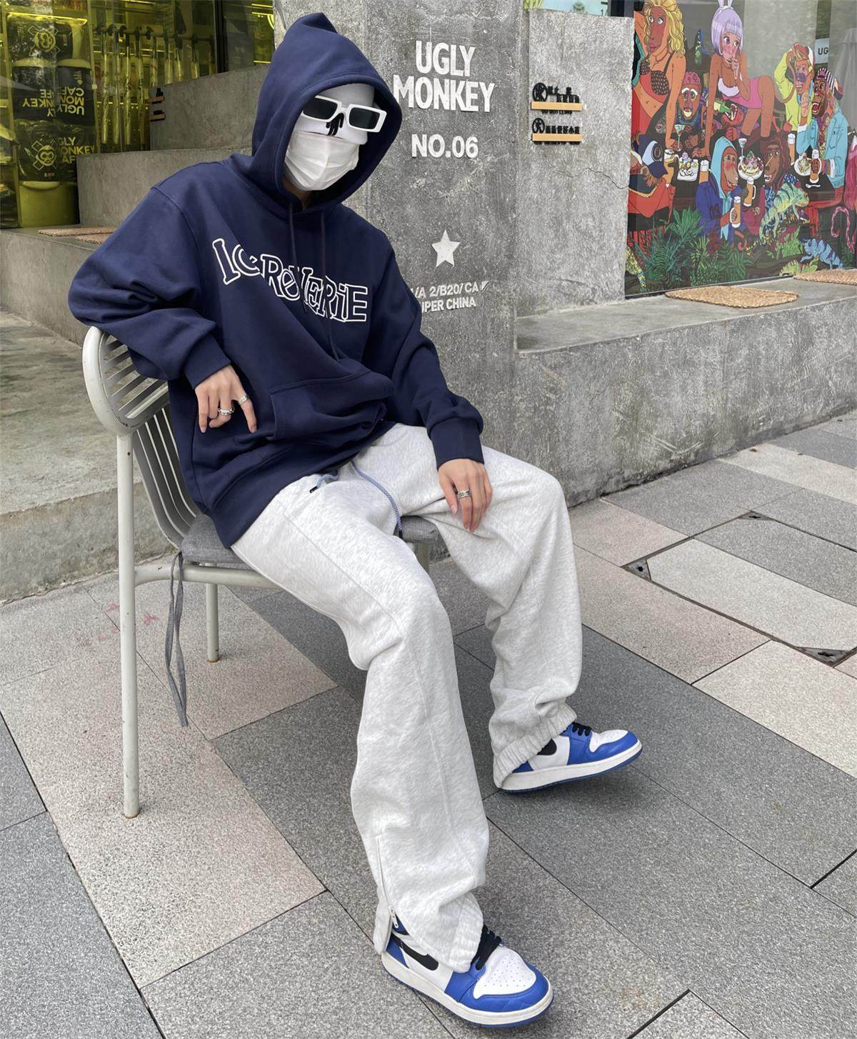 icereverie雪花380g毛圈纯棉基础宽松休闲束脚拉链休闲裤