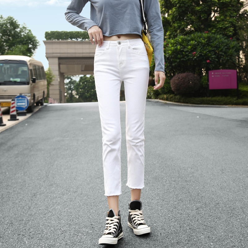 白色直筒小个子八分牛仔裤女显高腰cec网红宽松牛仔裤