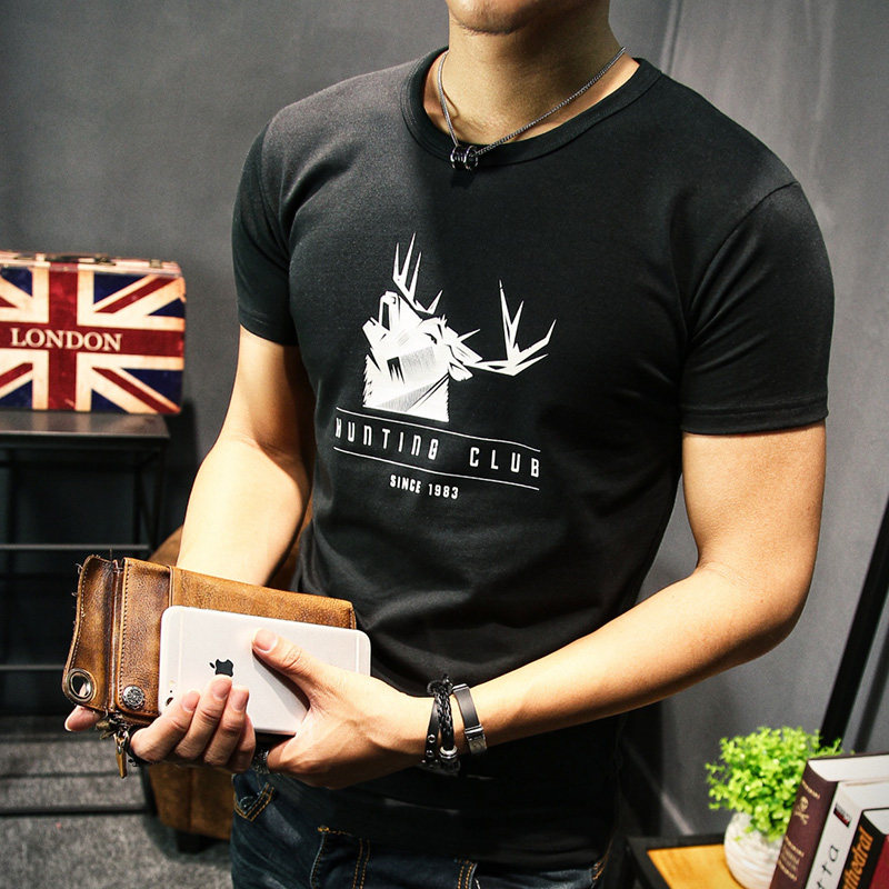 健身跑步吸汗印花鹿头体恤修身运动肌肉韩版t恤