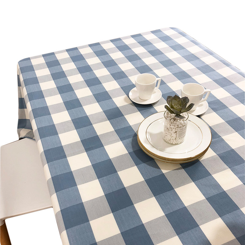 桌布浅蓝色格子防水布艺现代简约餐桌客厅茶几幼儿园桌布