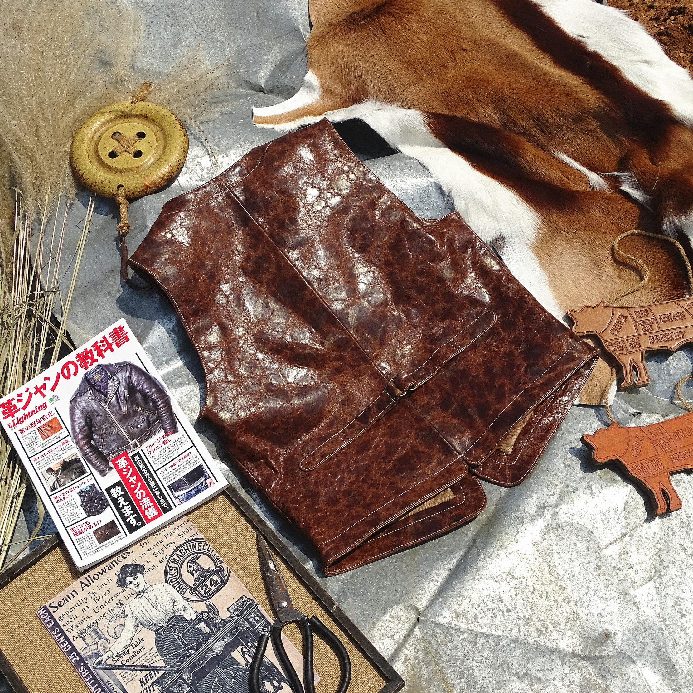 日本马皮真皮复古天神扣子独角兽植鞣兵库原色皮衣