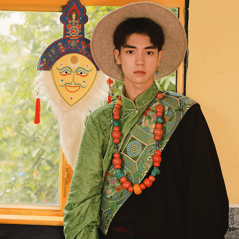槐序拉萨装男西藏服饰藏族传统服装绿色织锦其他民族服装