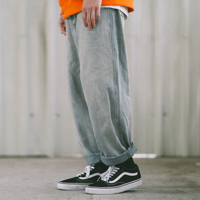 PSO Brand Patched Straight Jeans Men's Loose Light Color Trendy Brand Wide Leg Casual Pants PSO Brand Patched Straight Jeans Men's Loose Light Color Trendy Brand Wide Leg Casual Pants