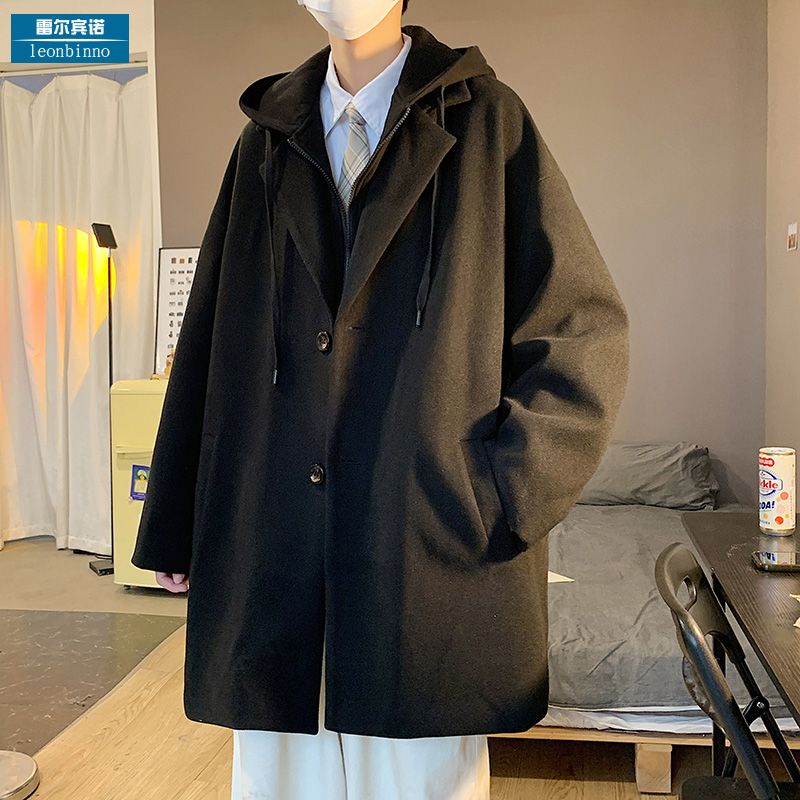 秋冬季新款假两件毛呢风衣男ins情侣宽松大衣外套潮流潮牌高级感