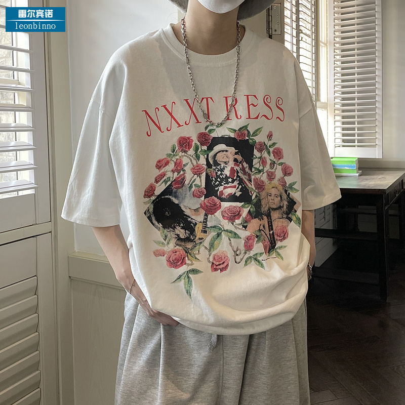 美式玫瑰印花短袖T恤男夏季新款高级感潮流半袖体恤复古休闲汗衫