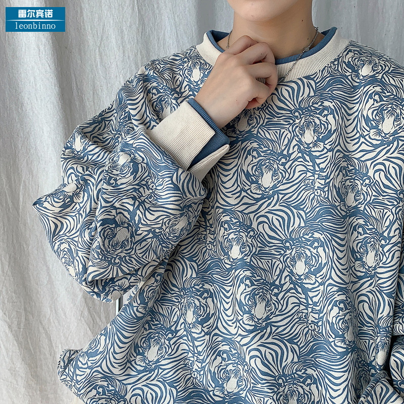 假两件圆领卫衣男春秋港风复古潮流加绒加厚宽松外套vintage上衣