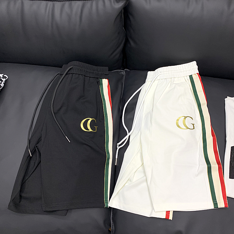 欧货轻奢高端潮牌字母休闲印花短裤五分裤男抽绳修身白色男装裤子