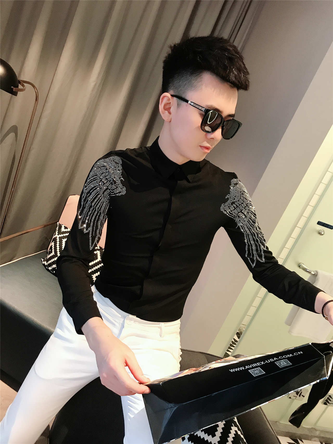 衬衫衬衣发型师打底小伙精神社会白衬衣烫钻网红衬衫