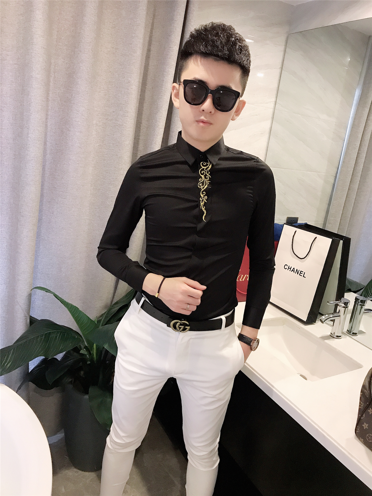 衬衫衬衣发型师打底小伙精神社会白衬衣刺绣网红衬衫