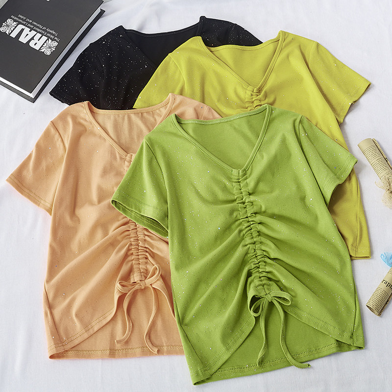 牛油果绿短袖t恤女2020夏装新款修身v领抽绳露脐短款上衣858