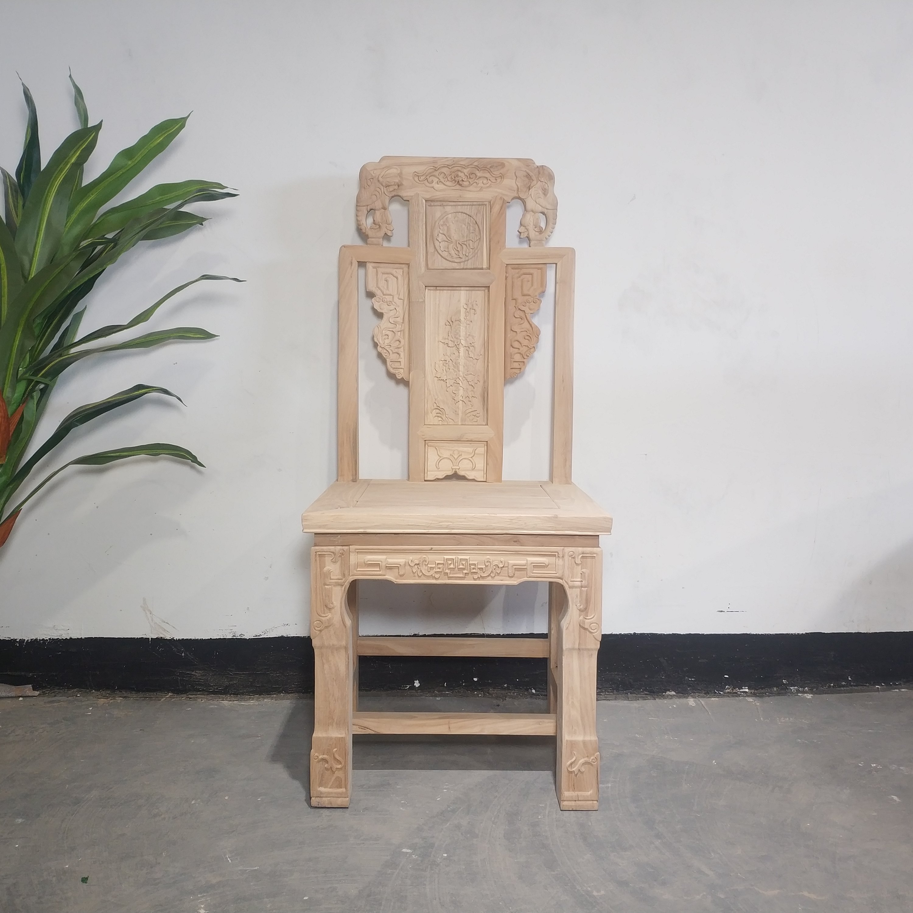 榆木实木象头复古家用靠背中式雕花明清酒店餐椅