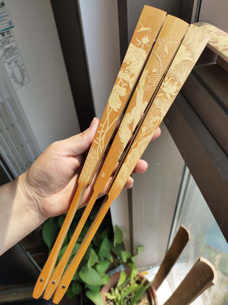 吉木堂名家竹根雕留青竹刻10寸折扇扇骨白菜工艺扇