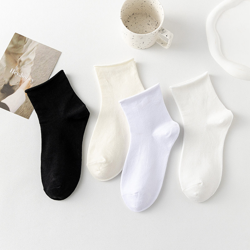 卷边袜子女春秋纯棉吸湿排汗日系jk纯色简约短袜