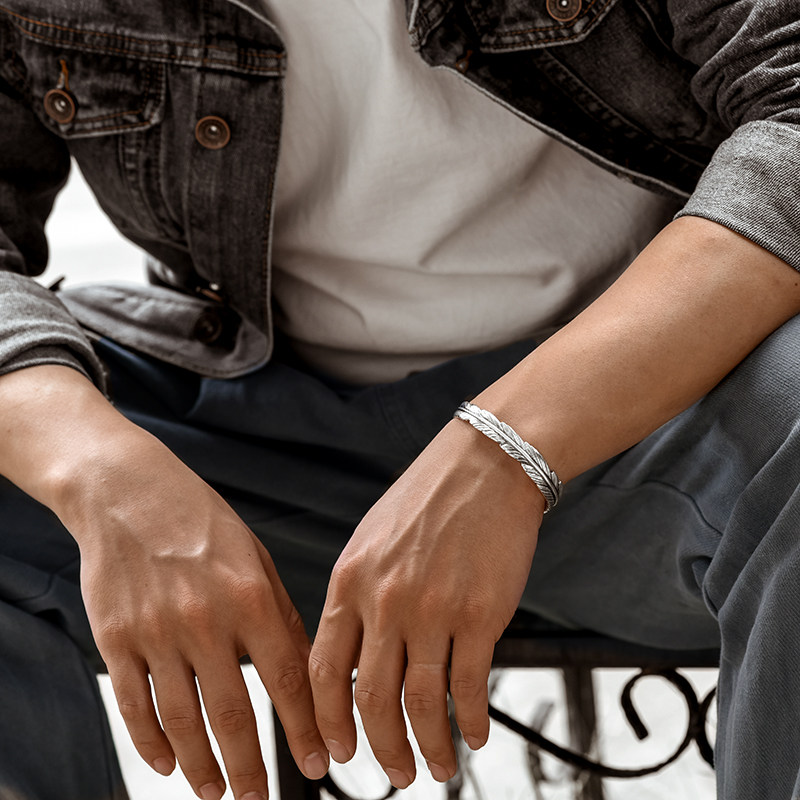 纯银羽毛手镯男士印第安复古高桥吾郎开口足银镯子手镯
