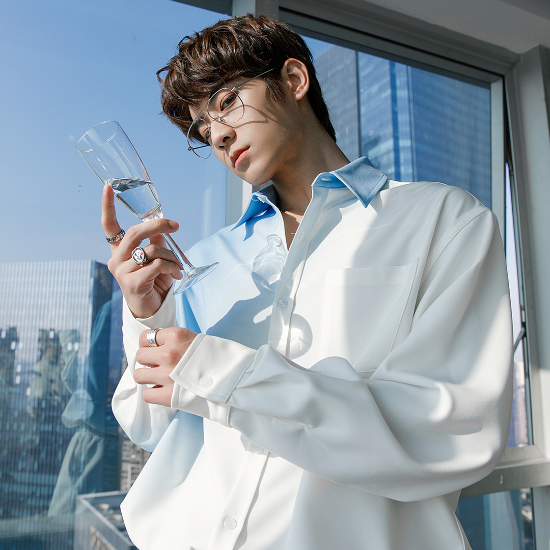 CHICERRO西西里男装渐变色休闲长袖衬衫原创小众上衣韩版春季衬衣