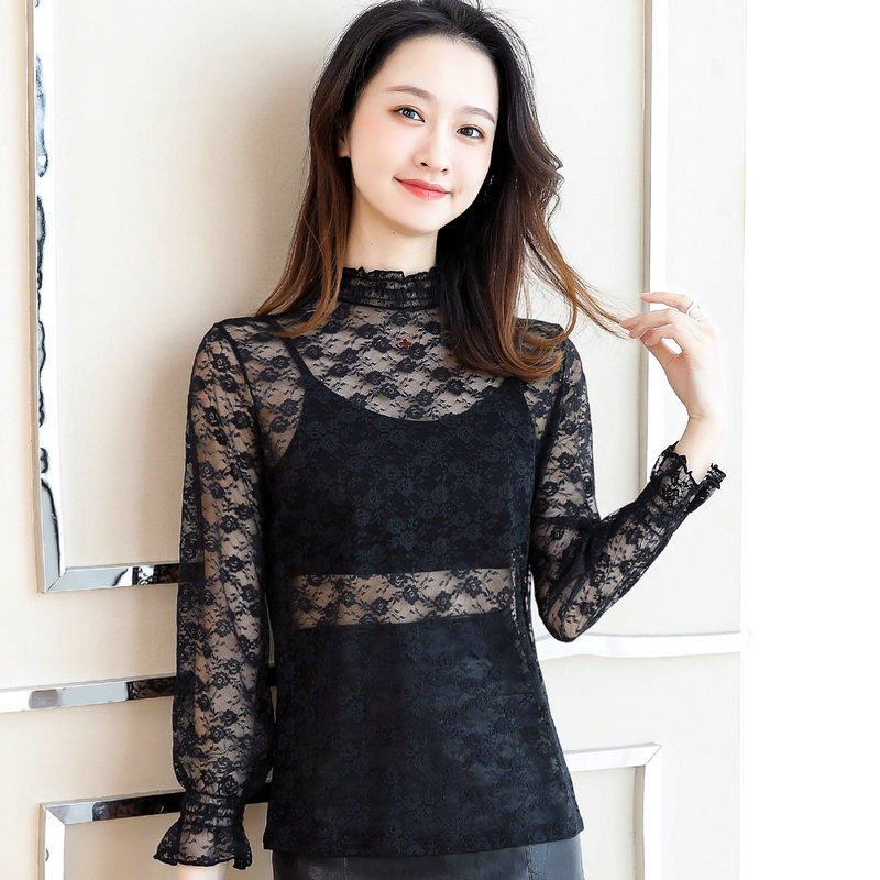 蕾丝2022春装衫薄款上衣长袖透视打底春季洋气蕾丝衫