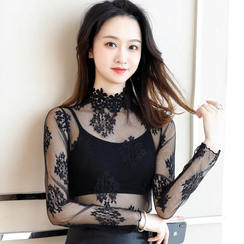 网纱衣透视打底衫女长袖新款高领t恤网纱内搭蕾丝性感上衣 - 珍宁女装