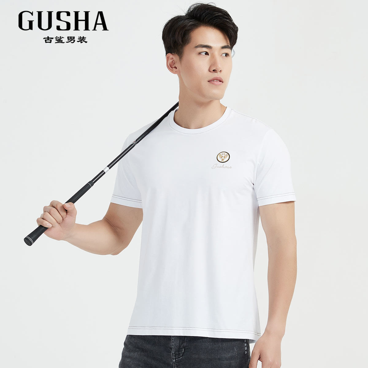 古鲨2021年夏季新款白色螺纹圆领短袖时尚刺绣t恤