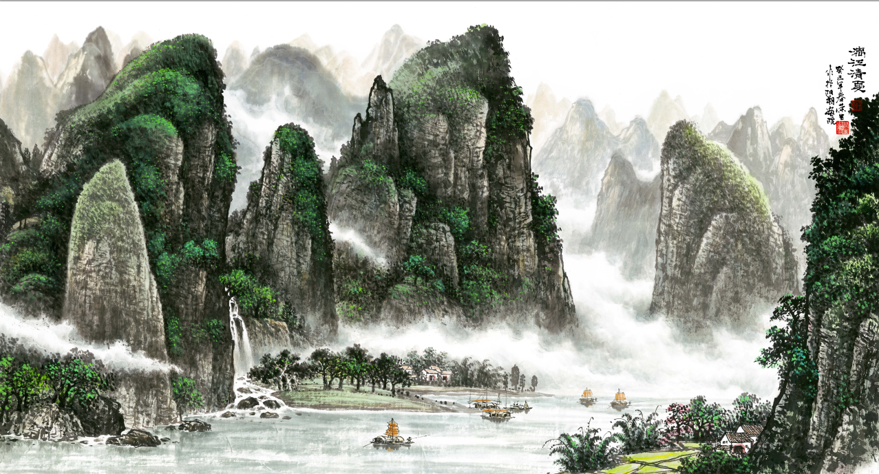 漓江清夏国画山水画风水靠山字画书法装饰画微喷国画