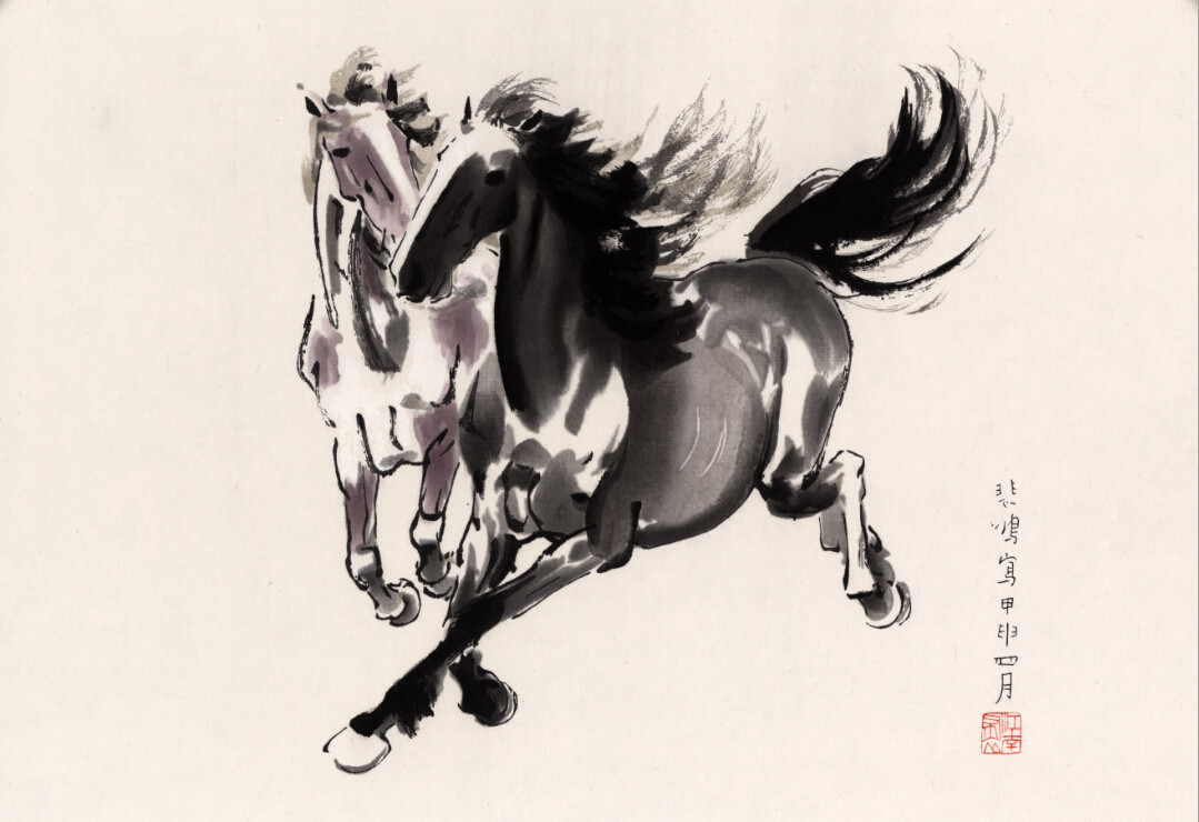 徐悲鸿双骏图双骏骏图中国画水墨山水画书法花鸟字画国画