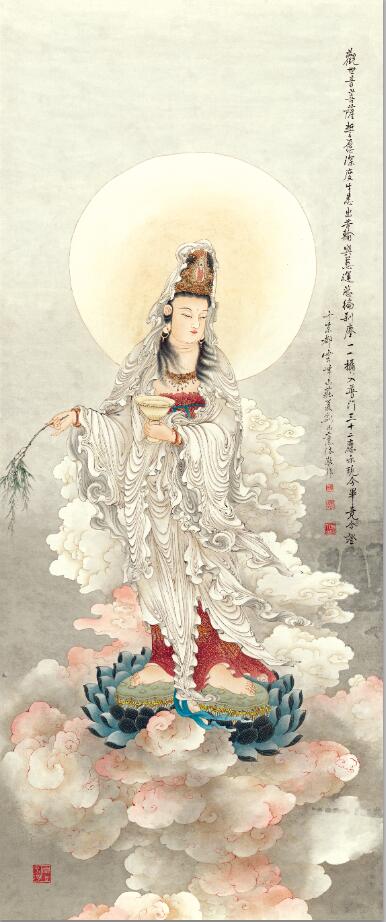 大慈大悲观世音菩萨佛像中式辟邪挂画招财画人物国画水墨山水画心