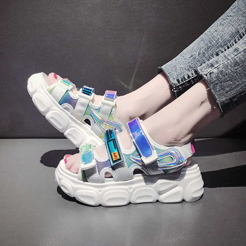 夏季厚底松糕鞋2020新款百搭魔术贴平底休闲海边沙滩鞋 - 贝贝女鞋坊