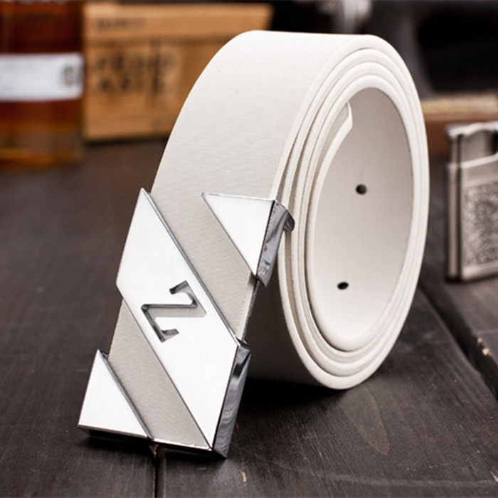 韩版男士白色休闲皮带女 时尚平滑扣腰带潮流青少年学生百搭裤带 - 情