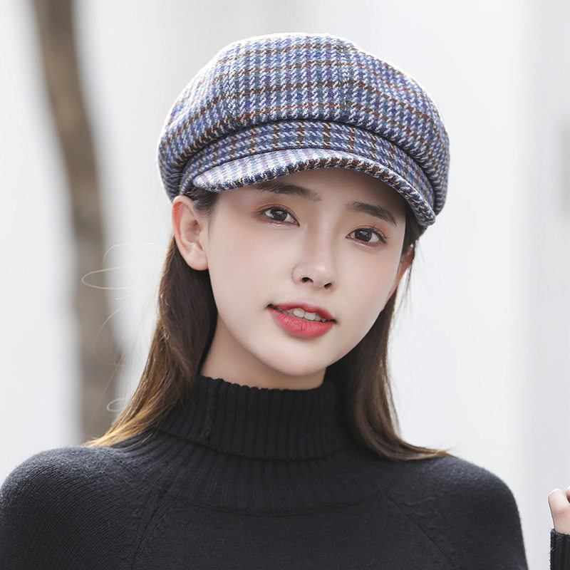休闲新款春秋帽子女士格子时尚户外文艺画家帽子