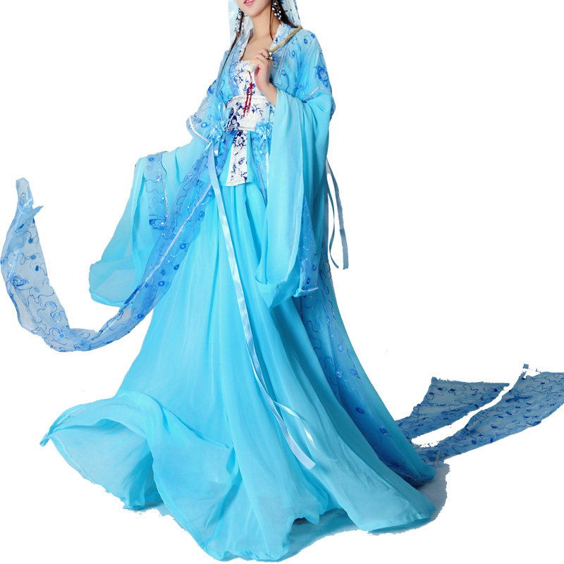 七坊绣花长拖尾飞天古装汉服超仙女九尾狐唐风舞蹈圆桌裙套装