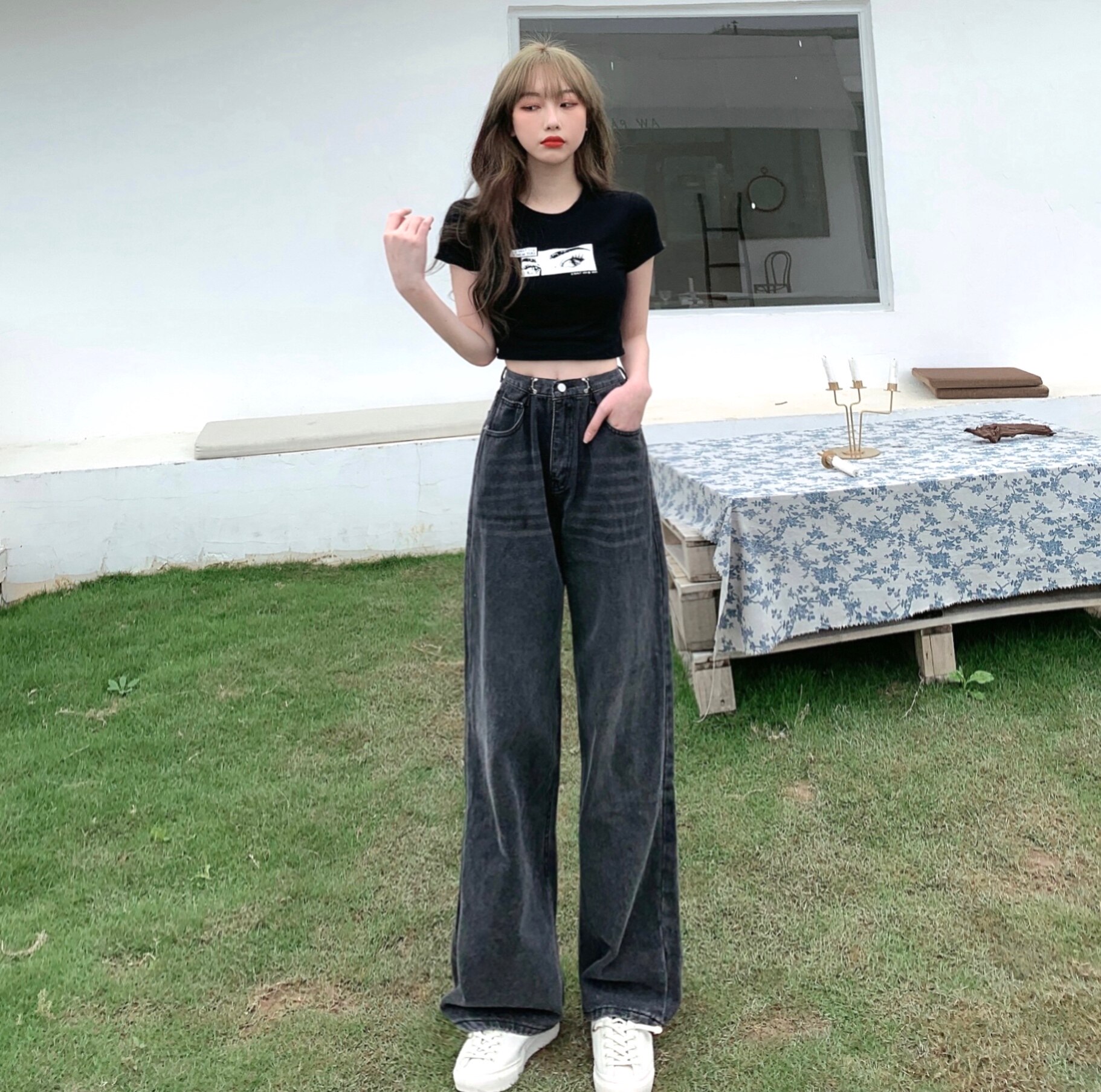 高腰牛仔裤女直筒宽松拖地阔腿裤夏季2020新款浅色裤子显瘦老爹裤