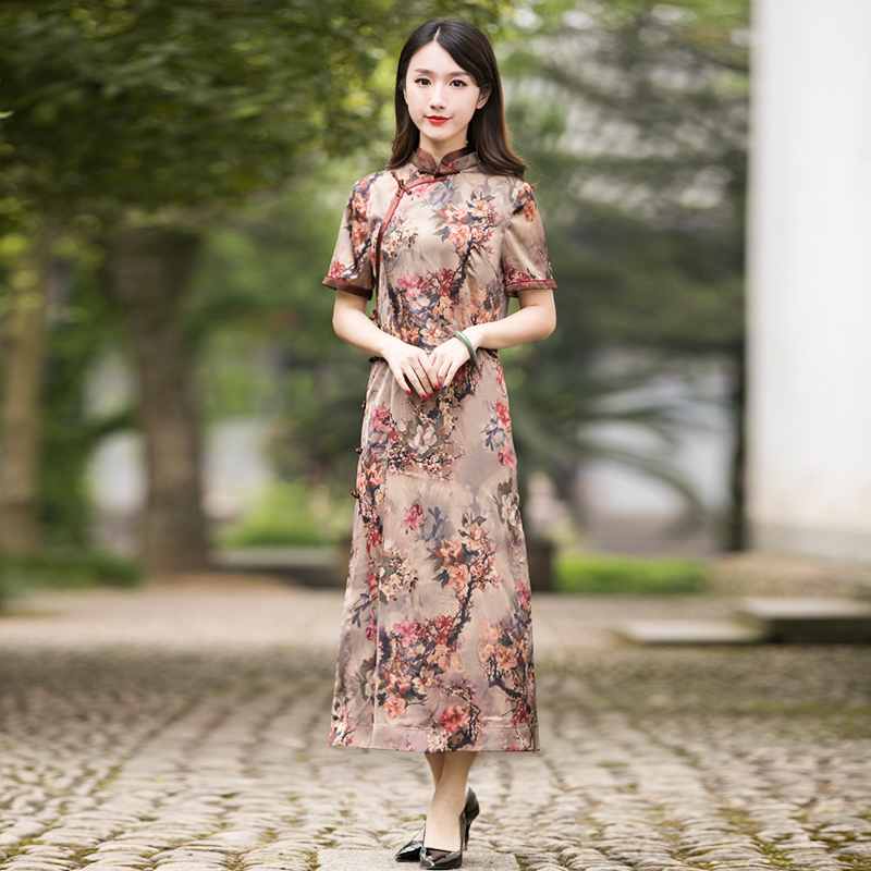 如意风改良旗袍连衣裙夏季中式女装复古气质长款民国风汉服短袖