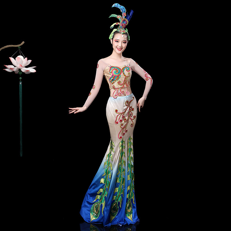 傣族舞蹈服装2019春夏新款成人修身孔雀舞演出服少数民族鱼尾裙女
