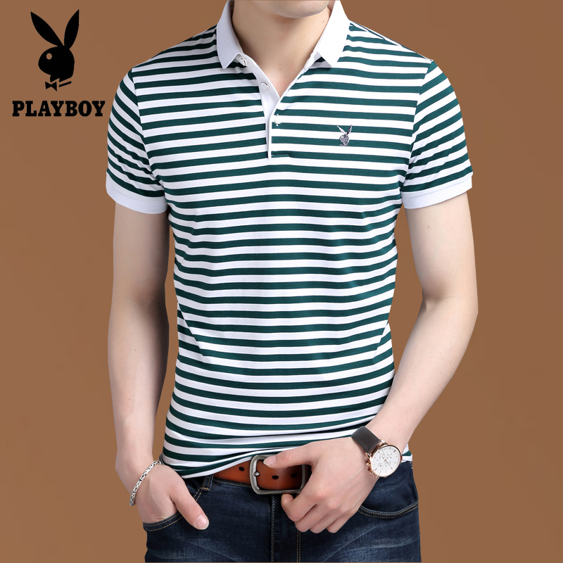 花花公子男士短袖T恤夏季新款纯棉韩版修身体恤翻领条纹polo衫潮