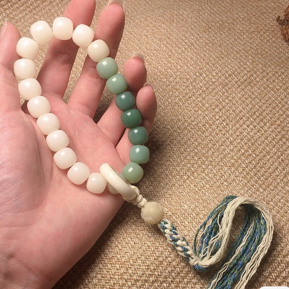 藏式原生态天然绿白渐变白玉菩提根手串手持佛珠佛珠