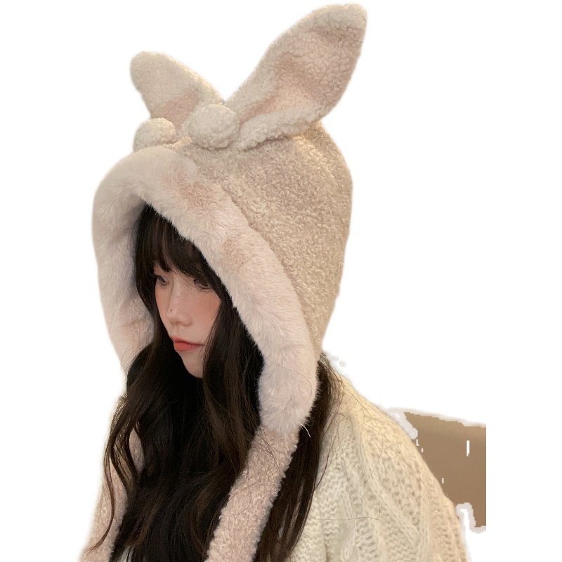 双笙欧尼ins风立耳兔子耳朵毛球帽少女心可爱冬季学生保暖毛绒帽