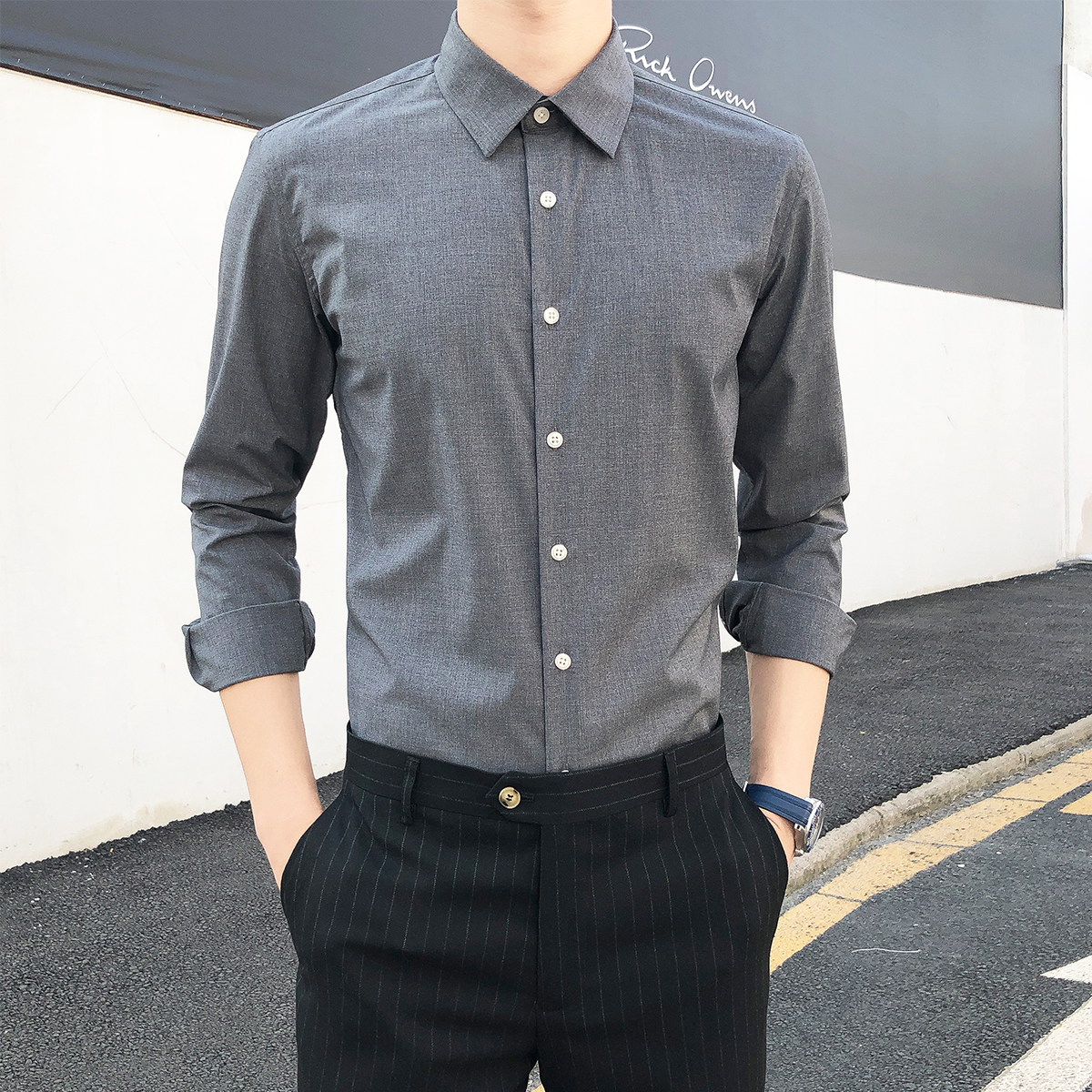 韩版高级感衬衫男长袖修身商务正装职业西装寸衣休闲男士纯色衬衣