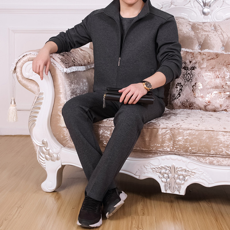 中老年运动套装春秋中年男士休闲运动套三件套加绒加厚冬季爸爸装